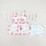 GSSO0882 Flower Rose Pink Sky Blue Girls Shorts Set