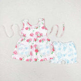 GSSO0882 Flower Rose Pink Sky Blue Girls Shorts Set