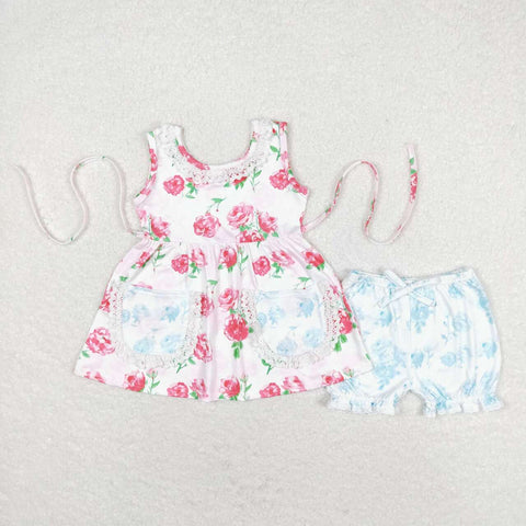 GSSO0882 Flower Rose Pink Sky Blue Girls Shorts Set