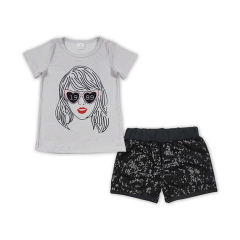 GSSO0898 Singer Star 1989 Black Sequin Shorts 2 Pcs Girl's Set