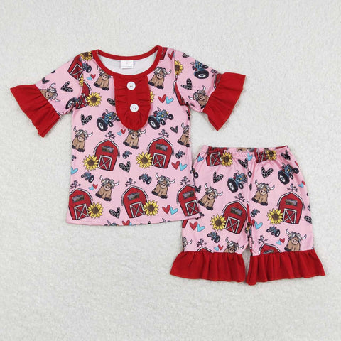 GSSO0932 Farm Cow Red Girls Shorts Pajamas Set
