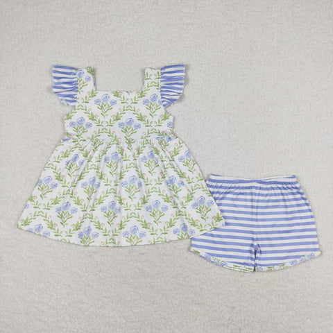 GSSO0938 Flower Blue Stripe Girls Shorts Set