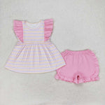 GSSO0976 Stripe Pink Girls Shorts Set