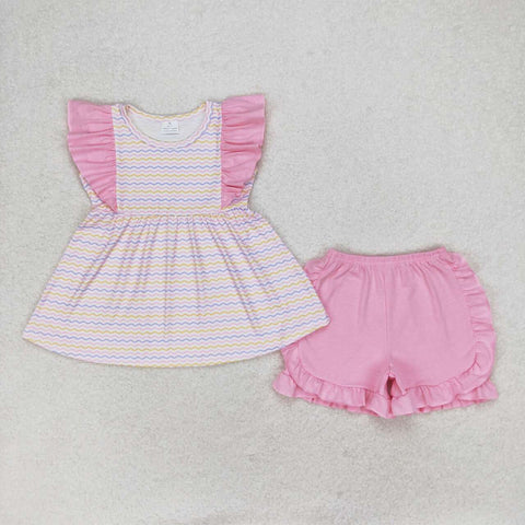 GSSO0976 Stripe Pink Girls Shorts Set