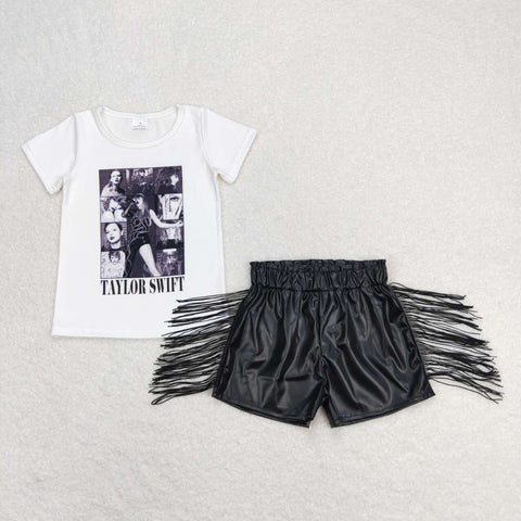 GSSO0983 Singer Star Fashion Black Leather Shorts Tassel Girl's Set