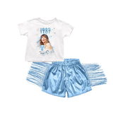 Preorder GSSO0984 Singer Star Fashion Blue Leather Shorts Tassel Girl's Set