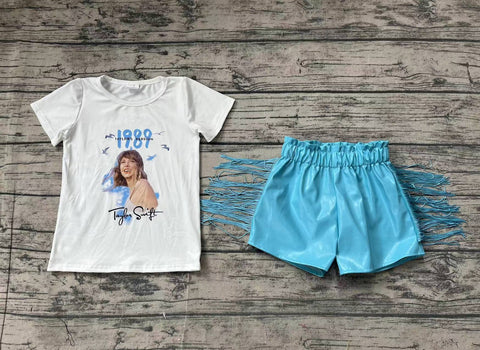 Preorder GSSO0984 Singer Star Fashion Blue Leather Shorts Tassel Girl's Set