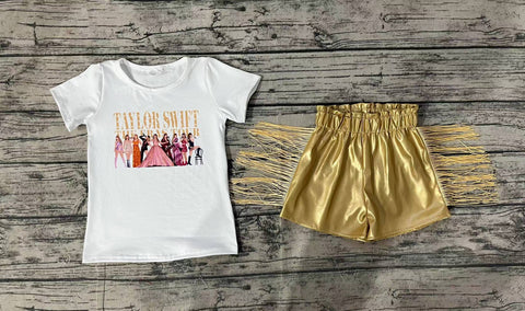 Preorder GSSO0985 Singer Star Fashion Gold Leather Shorts Tassel Girl's Set