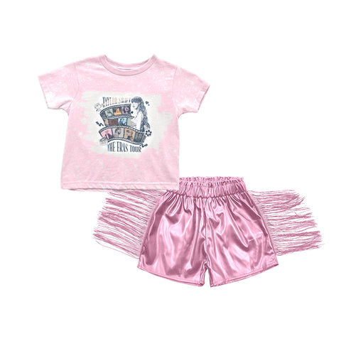 Preorder GSSO0986 Singer Star Fashion Pink Leather Shorts Tassel Girl's Set