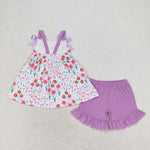 GSSO0992 Flower Floral Purple Cute Girls Shorts Set