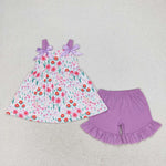 GSSO0992 Flower Floral Purple Cute Girls Shorts Set