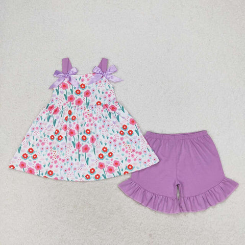 GSSO0992 Flower Floral Purple Cute Girls Shorts Set