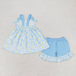 GSSO0993 Flower Little Daisy Blue Cute Girls Shorts Set