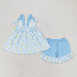 GSSO0993 Flower Little Daisy Blue Cute Girls Shorts Set