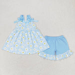 GSSO0993 Flower Little Daisy Blue Cute Girls Shorts Set