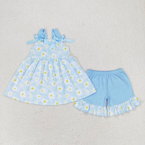 GSSO0993 Flower Little Daisy Blue Cute Girls Shorts Set