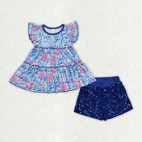 GSSO0994 GardenFlower Blue Tunic Sequin Shorts 2 Pcs Girl's Set