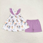 GSSO0998 Cartoon Blue Dog Purple Girls Shorts Set