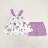 GSSO0998 Cartoon Blue Dog Purple Girls Shorts Set
