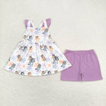 GSSO0998 Cartoon Blue Dog Purple Girls Shorts Set