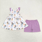 GSSO0998 Cartoon Blue Dog Purple Girls Shorts Set