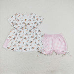 GSSO1000 Peach Pink Plaid Girls Shorts Set