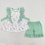 GSSO1004 Flower Cotton Mint Girls Shorts Set