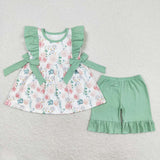GSSO1004 Flower Cotton Mint Girls Shorts Set