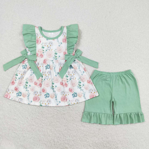 GSSO1004 Flower Cotton Mint Girls Shorts Set
