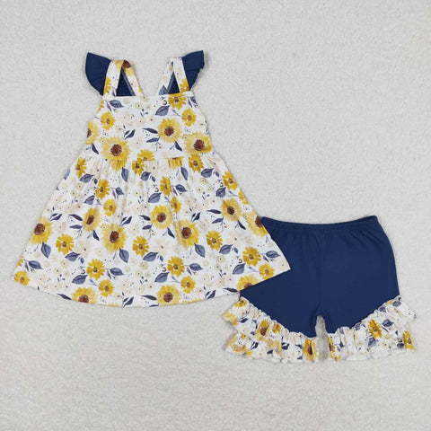 GSSO1006 Flower Blue Yellow Girls Shorts Set