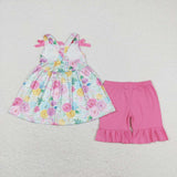 GSSO1007 Flower Pink Bow Girls Shorts Set
