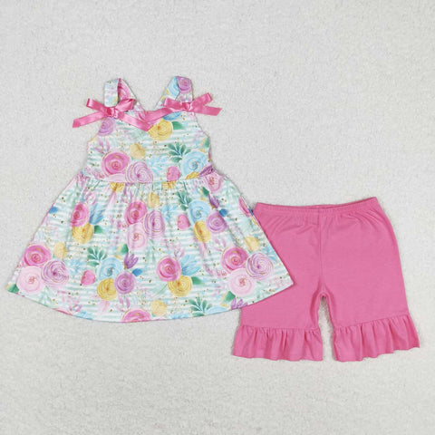 GSSO1007 Flower Pink Bow Girls Shorts Set