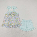 GSSO1018 Flower Sky Blue Girls Shorts Set