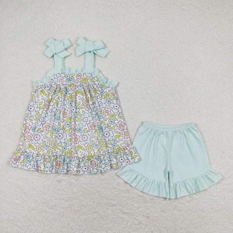 GSSO1018 Flower Sky Blue Girls Shorts Set