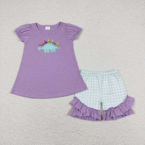GSSO1032 Embroidery Crayon Dinosaur Girls Shorts Set