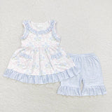 GSSO1051 Blue Plaid Girls Shorts Set