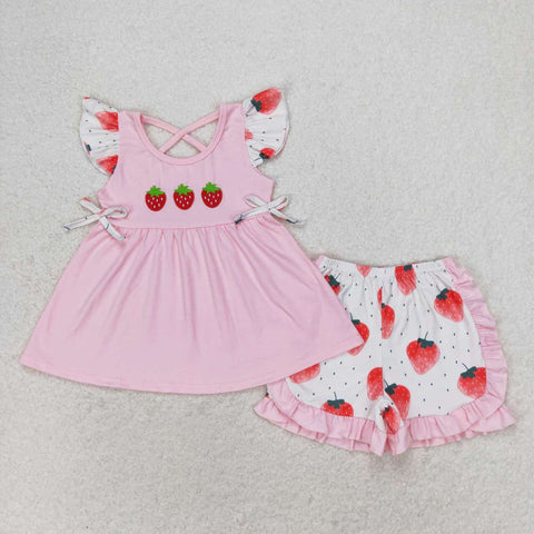 GSSO1054 Embroidery Strawberry Pink Girls Shorts Set