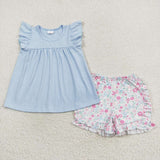 GSSO1056 Flower Sky Blue Girls Shorts Set
