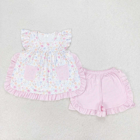 GSSO1057 Flower Floral Pink Girls Shorts Set
