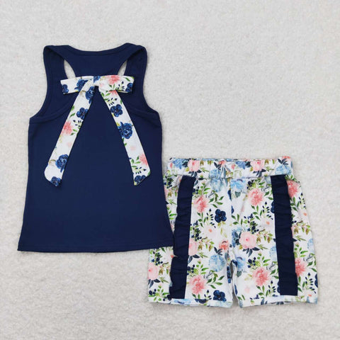 GSSO1062 Flower Bow Dark Blue Girls Shorts Set