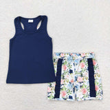 GSSO1062 Flower Bow Dark Blue Girls Shorts Set