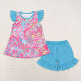 GSSO1086 Summer Garden Pink Blue Girls Shorts Set