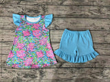 GSSO1095 Summer Garden Blue Pink Girls Shorts Set