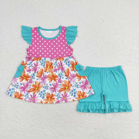 GSSO1100 Flower Pink Dots Pockets Girls Shorts Set