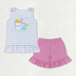 GSSO1102 Embroidery Summer Beach Pink Girls Shorts Set