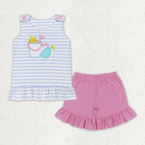 GSSO1102 Embroidery Summer Beach Pink Girls Shorts Set