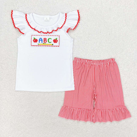 GSSO1115 Embroidery Back to school Apple ABC Girls Shorts Set