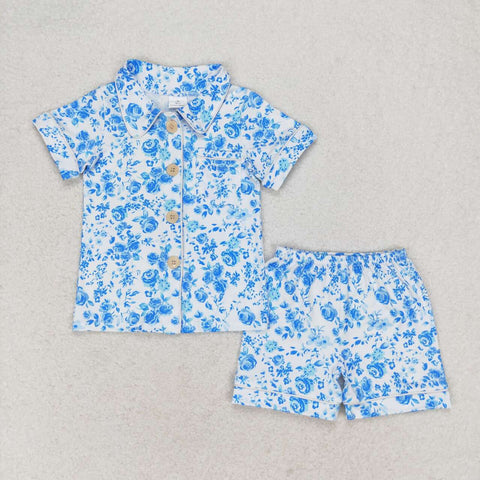 GSSO1120 Flower Blue Girls Shorts Pajamas Set