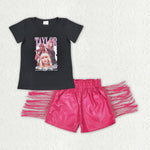 GSSO1123 Singer Star Pink Fashion Leather Shorts Tassel Girl's Set