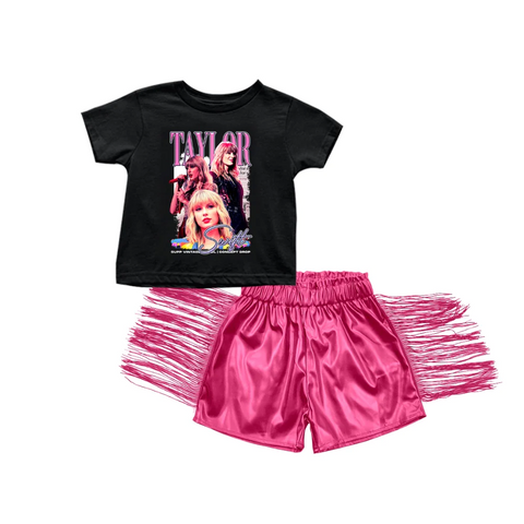 Preorder GSSO1123 Singer Star Pink Fashion Leather Shorts Tassel Girl's Set